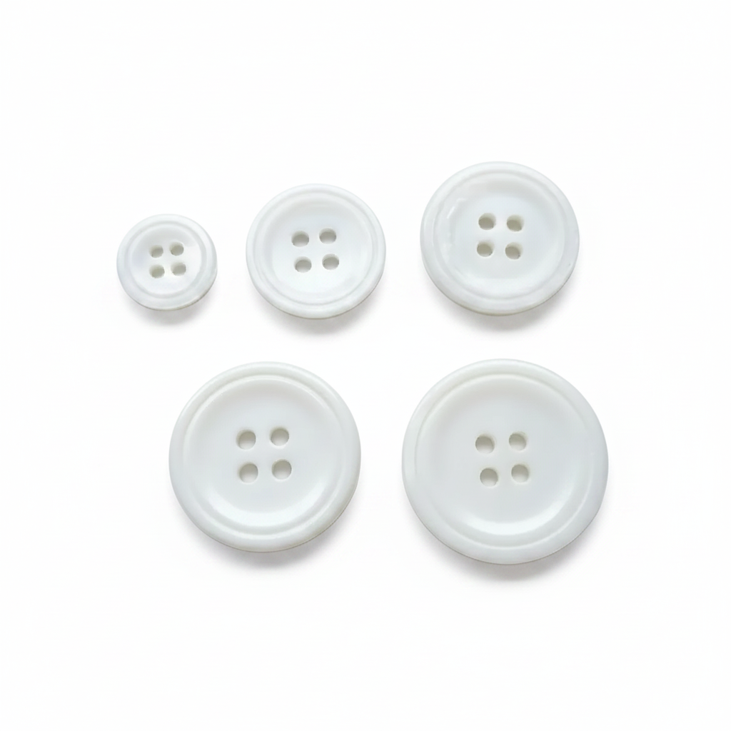 Perlmuttknopf, 4-Loch, weiß. 13, 18, 20, 23 und 26 mm. Verpackt pro 100 Stück.