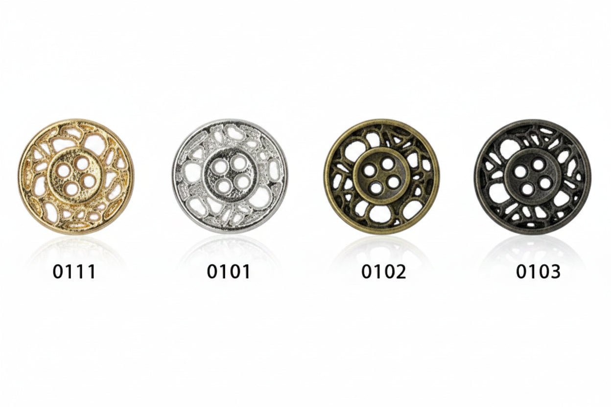Metallknopf mit 4 Löchern | Nickelfrei | Silber, Altgold, Altsilber & Gold | 12,5 mm