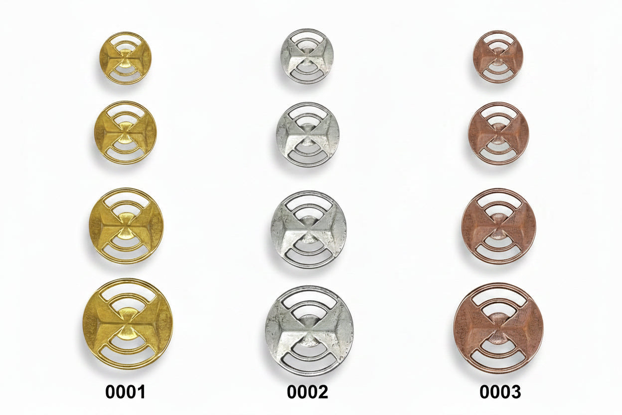 Metall-2-Loch-Knopf – offenes geometrisches Design | Gold, Silber & Kupfer | 12,5mm bis 23mm