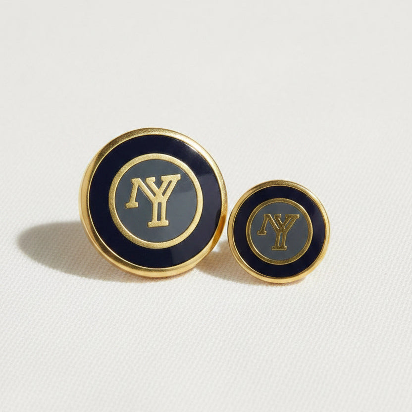 Metallblazerknopf – Schwarzes Emaille mit goldenem Rand | NY Monogramm | 15 mm & 20 mm