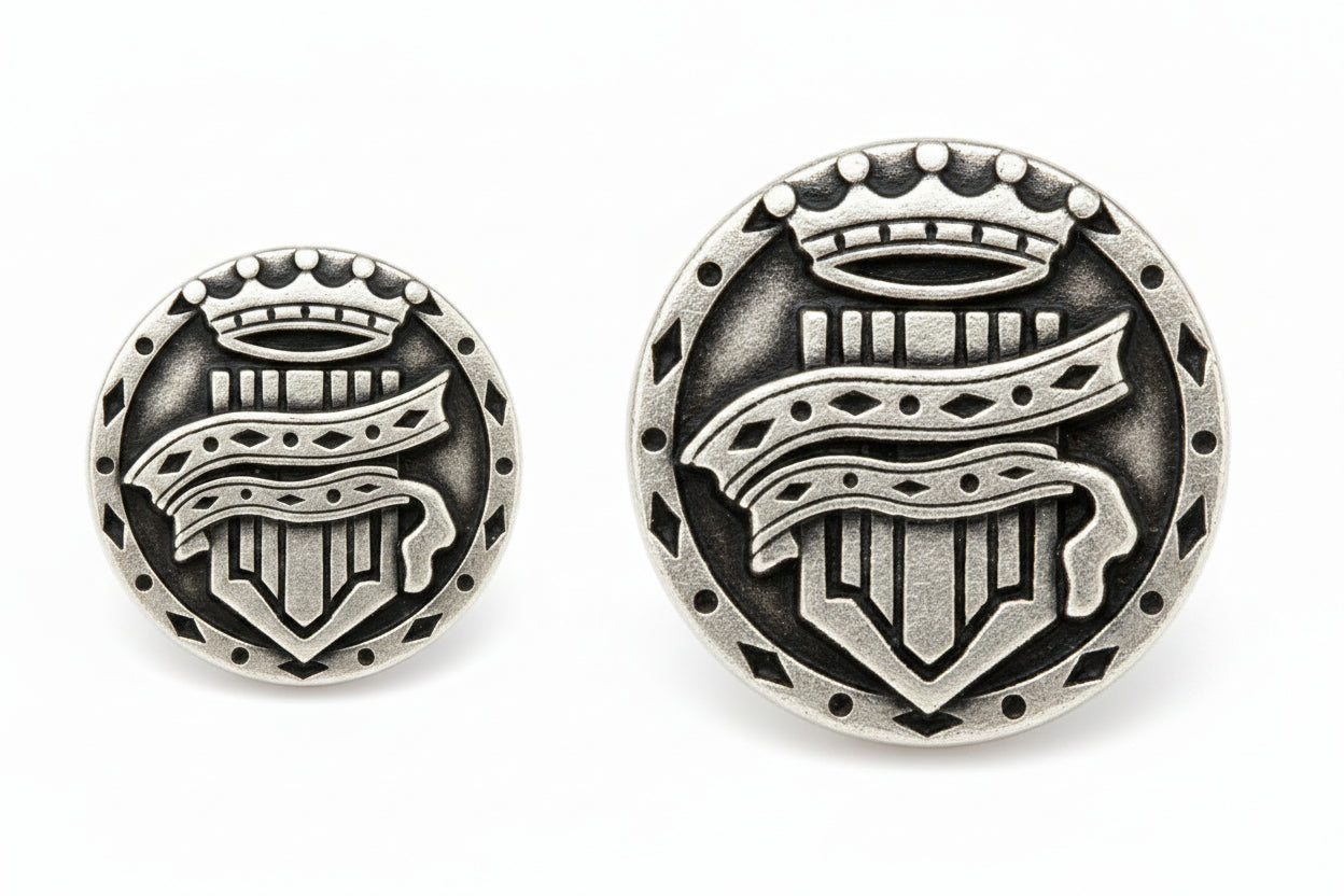 Metallblazerknopf – Antiksilber | Wappenschild & Krone | 18mm & 23mm